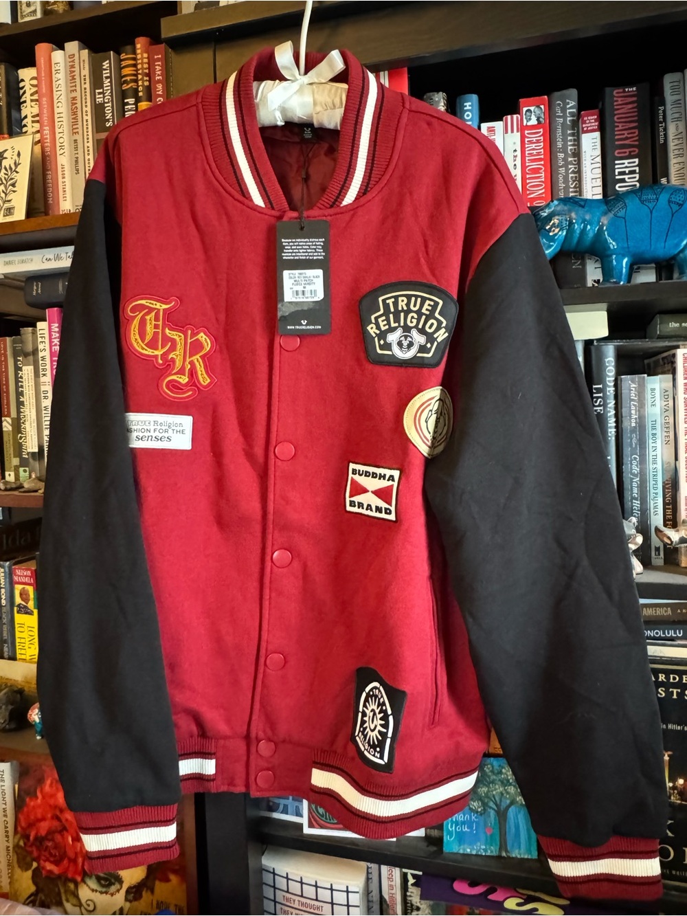 True Religion Red and Black Varsity Bomber Jacket